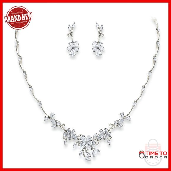 Elegant Leaf Design Cubic Zirconia Bridal Jewelry Set Necklace Earrings
